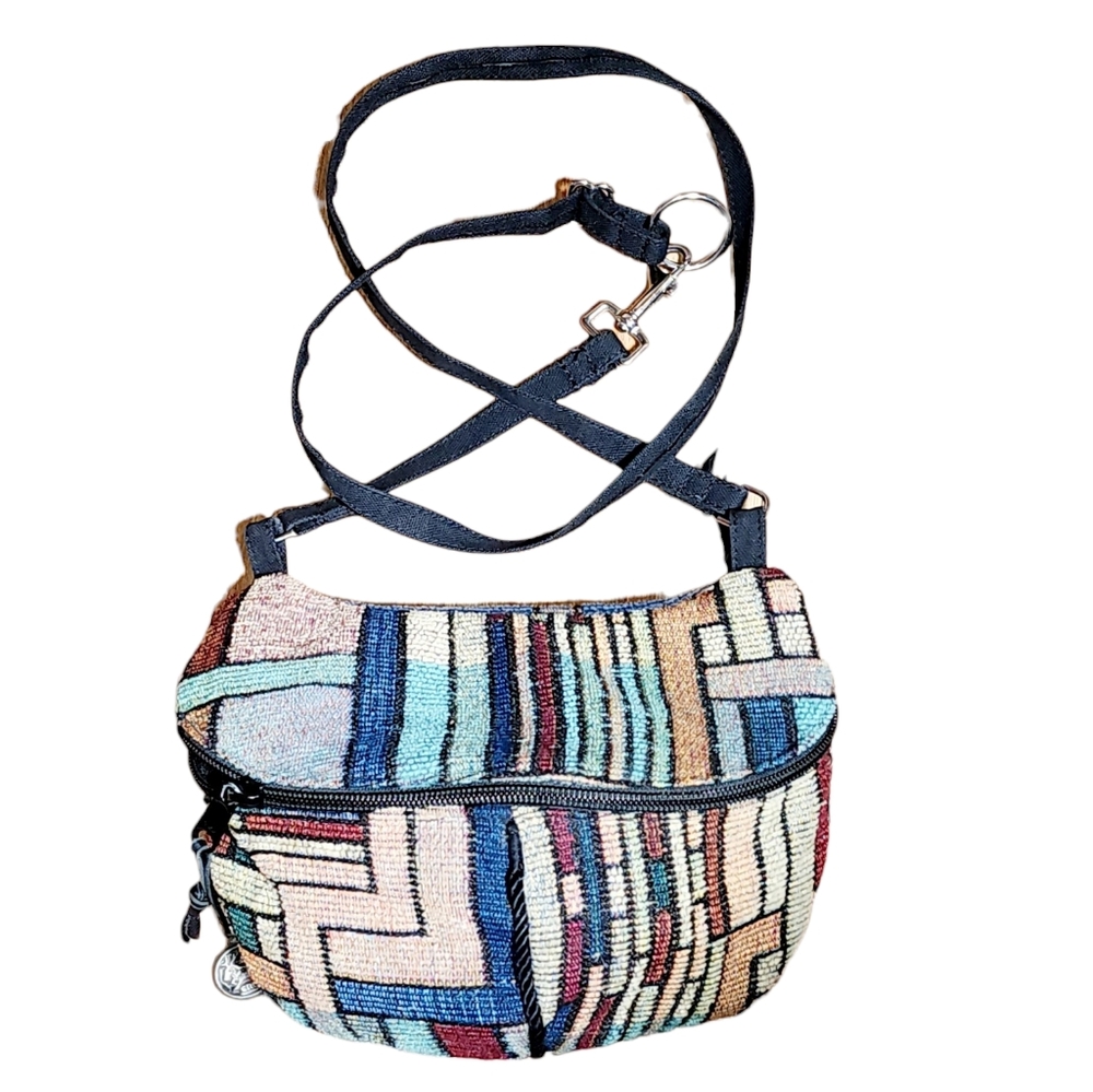 Erda Handcrafted Small Zippered Multicolored Tapestry Crossbody Bag 9"X6.5" flat
